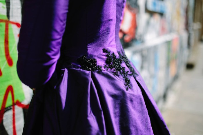 Purple wedding guest dress with sleeves